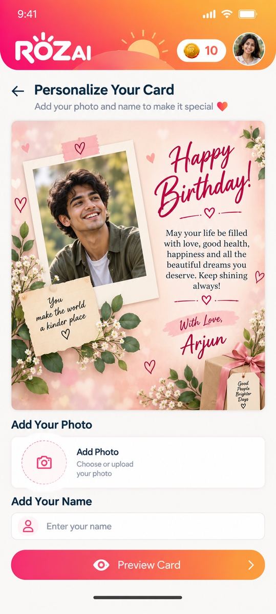 Birthday card personalization with framed photo and name