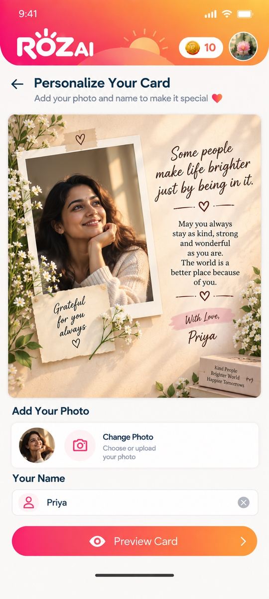 Roz AI card personalization with photo and name